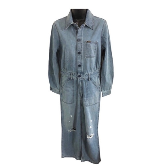 Lee's union-alls distressed blue jeans Cover-alls long sleeve collared jumpsuit - Picture 8 of 9